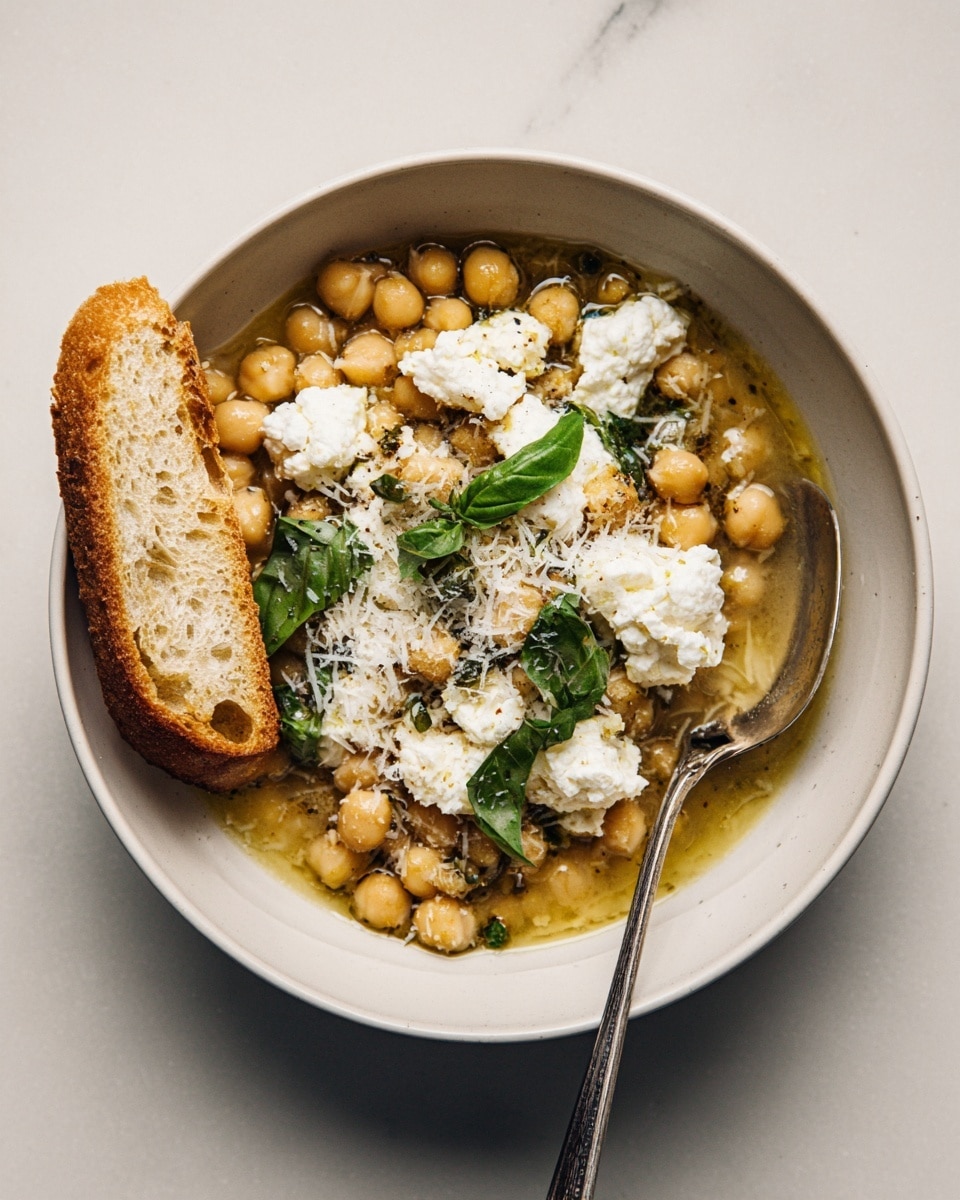 A white ceramic bowl contains a dish with three main layers: the bottom layer is a light golden chickpea stew with a slightly thick broth, the middle layer has soft, creamy white cheese dollops spread unevenly on top of the chickpeas, and the top layer is sprinkled with bright green fresh basil leaves and delicate shreds of white cheese. On the left edge of the bowl, there is a piece of crusty golden-brown bread resting sideways. A silver spoon is partially placed inside the bowl on the right side, with its handle sticking out. The bowl sits on a white marbled textured surface. photo taken with an iphone --ar 4:5 --v 7