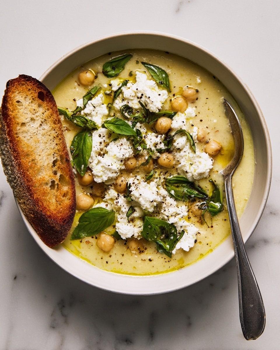 A shallow white bowl holds two main layers: the base is a creamy light yellow soup with soft chickpeas scattered throughout, topped with dollops of white, fluffy cheese that looks rich and moist. Fresh green basil leaves dot the top, adding pops of color, along with a light sprinkling of black pepper and a drizzle of golden olive oil. Resting on the left side inside the bowl is a piece of toasted baguette, golden brown and crisp. A silver spoon is partly dipped into the soup on the right side. The bowl sits on a white marbled surface. photo taken with an iphone --ar 4:5 --v 7