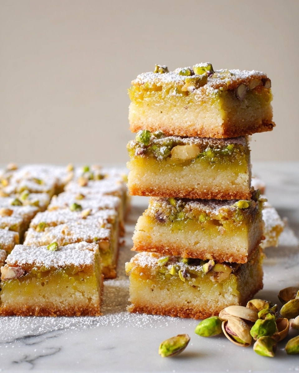The image shows a stack of four square dessert bars placed on a white marbled surface, each bar having two layers: a thick, golden-brown crust on the bottom and a light yellow-green pistachio topping with visible nut pieces on the top; the top layer looks glossy and slightly sticky with scattered pistachios, and the bars are dusted with powdered sugar. To the left, more similar bars are laid out flat in rows, all dusted with powdered sugar, and to the right, there is a small pile of shelled pistachios. Photo taken with an iphone --ar 4:5 --v 7