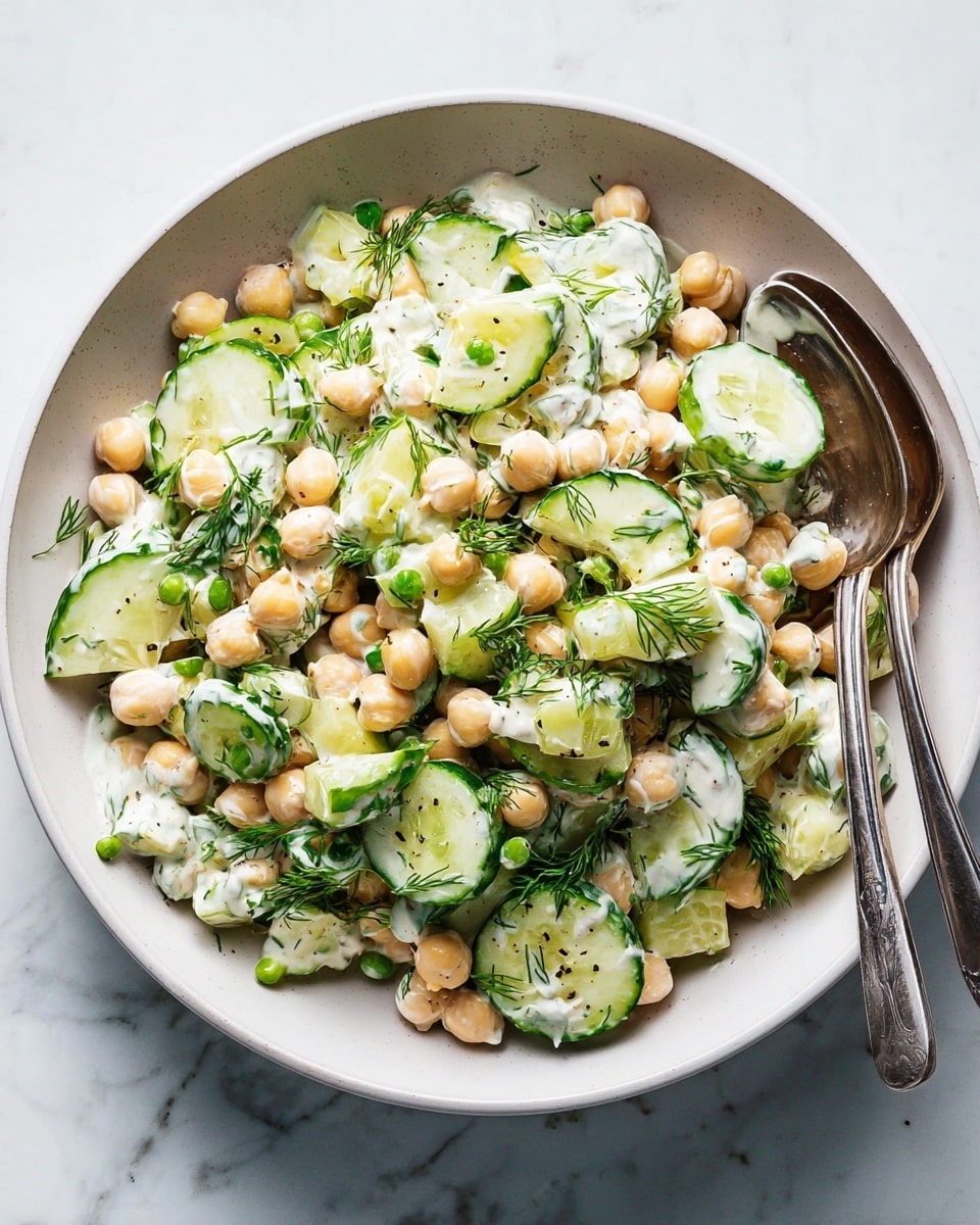 The image shows a large white bowl filled with a fresh cucumber and chickpea salad. The base layer is light yellow chickpeas scattered evenly. On top, there are thick slices and chunks of bright green cucumber with a smooth, glossy texture. The salad is mixed with a creamy white dressing that coats the ingredients lightly. Garnishing the dish are small green onion rings and finely chopped fresh dill, adding a deeper green color and a textured look. Two silver spoons rest inside the bowl on the right side. The bowl is placed on a white marbled surface. Photo taken with an iphone --ar 4:5 --v 7