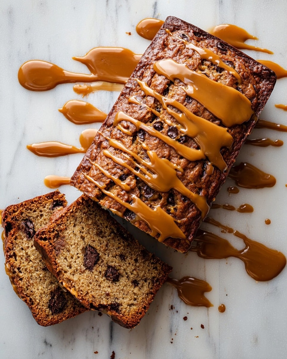 A rectangular brown banana bread loaf with dark chocolate chips is drizzled with a thick, light brown caramel sauce that flows over the top and down the sides, pooling slightly on the white marbled surface beneath. Two slices lie flat next to the loaf, showing the moist texture inside with scattered chocolate chips. The loaf's crust is darker with a slightly rough texture, contrasting with the smooth sauce. Photo taken with an iphone --ar 4:5 --v 7