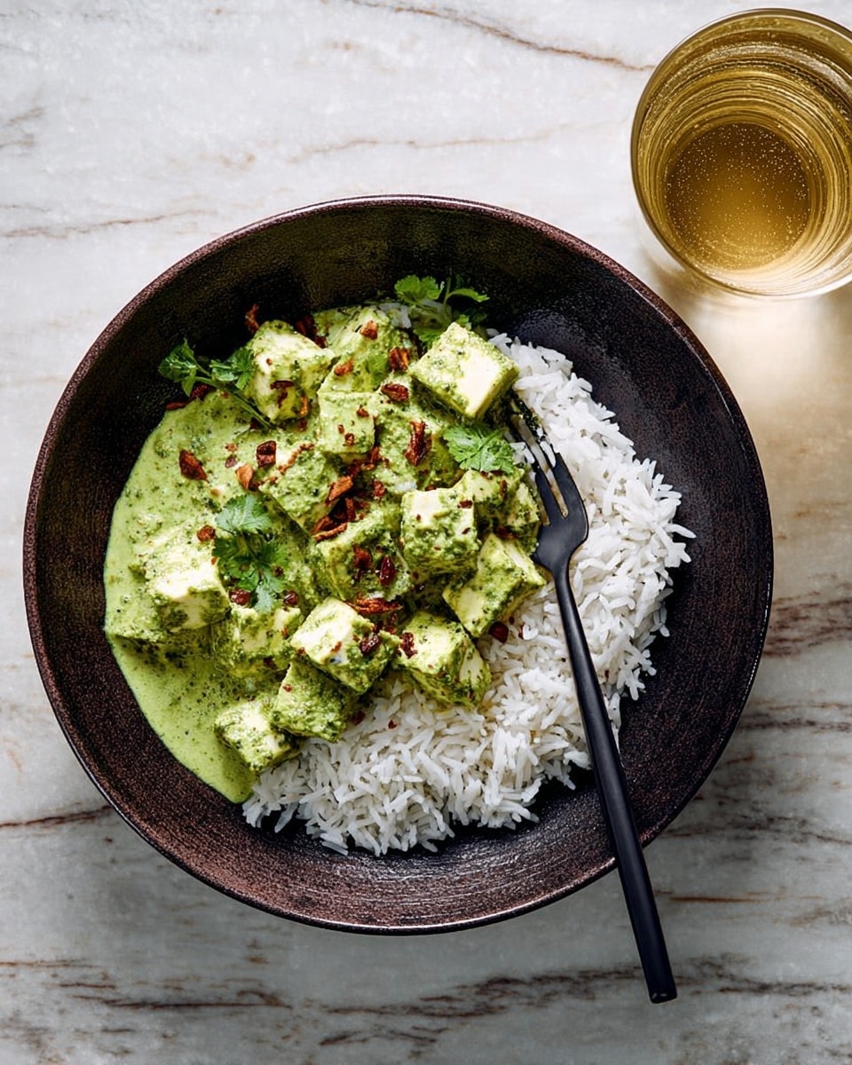 A dish in a deep dark bowl with two layers: the bottom layer is fluffy white rice, and the top layer is green creamy sauce-covered cubes of paneer sprinkled with small pieces of brown fried spices. A black fork rests on the side of the bowl. Next to the bowl, there is a clear glass filled with a light golden drink. The setting is on a white marbled surface. Photo taken with an iphone --ar 4:5 --v 7