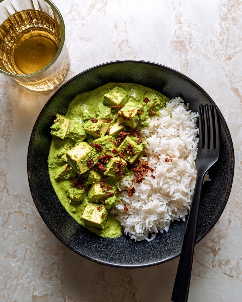 A black bowl filled with three layers: the bottom layer is white cooked rice with separate grains, the middle layer consists of green creamy sauce covering white paneer cubes, and the top layer has small bits of fried brown spices sprinkled on the sauce. A black fork is placed on the right side inside the bowl. Next to the bowl, there is a glass with a light golden drink. The background is a white marbled texture. photo taken with an iphone --ar 4:5 --v 7