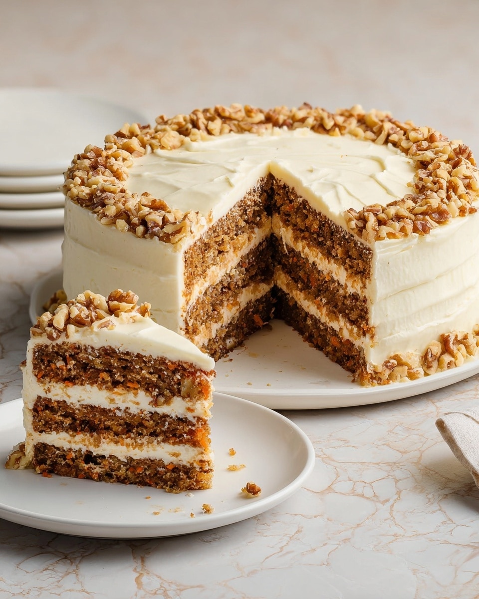The image shows a four-layer carrot cake with creamy white frosting covering the entire outside and between each layer. The cake layers are brown with visible bits of carrot and walnut. The top of the cake is decorated with chopped walnuts forming a ring near the edge. One slice has been cut and placed on a white plate in the background, showing the cake’s texture and cream layers clearly. Both the cake and the slice sit on round white plates on a surface with a white marbled texture. Photo taken with an iphone --ar 4:5 --v 7