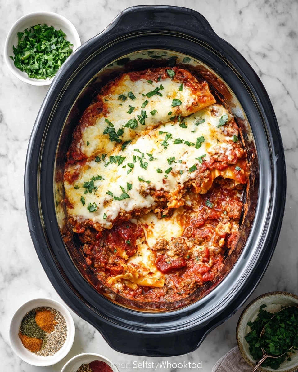 A slow cooker filled with a layered lasagna showing three main layers: the bottom layer is red with chunky cooked meat sauce mixed with pasta, the middle layer is melted white cheese mixed with bits of tomato sauce, and the top layer is golden-browned melted cheese garnished with small green herb pieces. The slow cooker is black and oval-shaped, placed on a white marbled surface with a small white bowl of chopped green herbs and two small white bowls of spices near it. Photo taken with an iphone --ar 4:5 --v 7