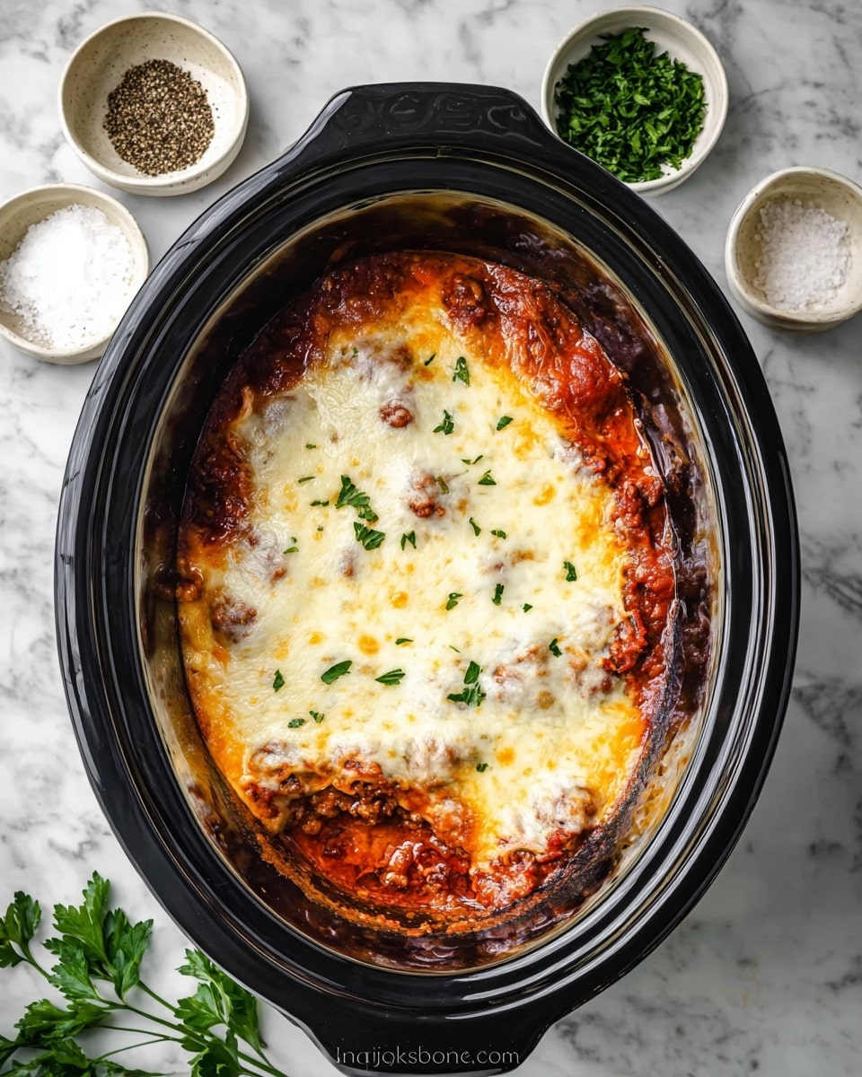 A slow cooker is filled with a baked dish that has about three layers: the bottom layer is a rich, red tomato sauce with visible chunks of cooked meat, the middle layer is a mix of meat and sauce peeking through, and the top layer is a thick, golden-brown melted cheese covering the dish evenly with some browned spots around the edges and small green herb pieces sprinkled on top. The slow cooker is black and shiny, sitting on a white marbled surface. Around it are small white bowls, one filled with finely chopped green herbs, one with black pepper, and one with white salt. Some fresh green parsley sprigs are placed nearby. Photo taken with an iphone --ar 4:5 --v 7