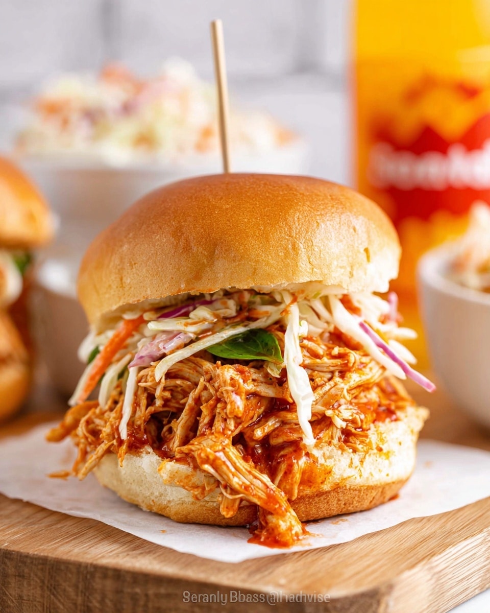 A pulled chicken sandwich is shown with three clear layers, resting on white parchment on a wooden board against a white marbled texture background. The bottom layer is a soft, slightly shiny brioche bun with a golden-brown color. The middle layer is a generous pile of shredded chicken mixed with a reddish-orange sauce, giving it a moist and tangy look, interspersed with a few green leaves. The top layer is a crisp coleslaw made of thin white and orange cabbage strips, adding texture and freshness, topped with the same soft brioche bun. A wooden skewer pierces through the center to hold the layers together. In the blurry background, there is a white bowl filled with coleslaw and a bottle with bright orange and yellow colors. photo taken with an iphone --ar 4:5 --v 7