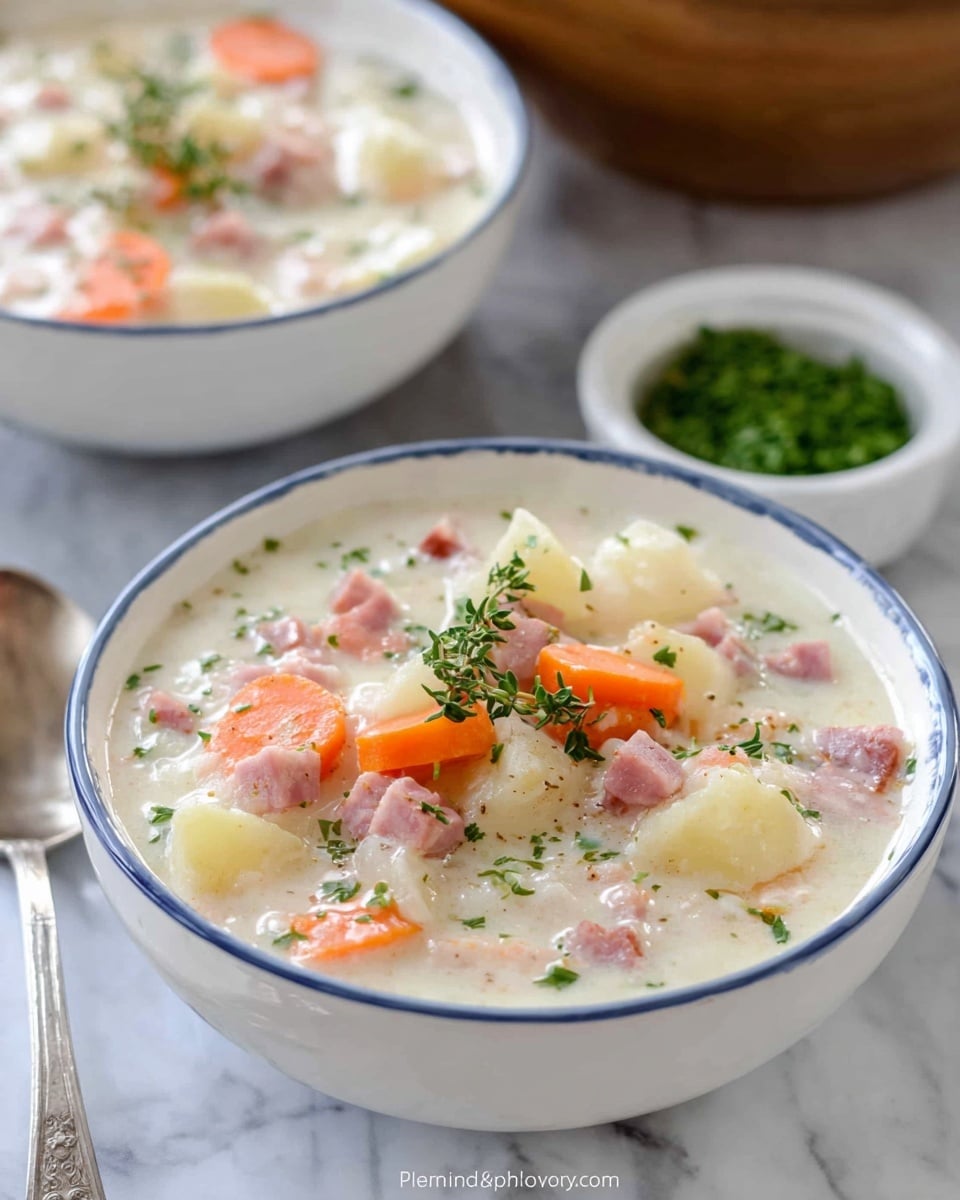 A white bowl filled with creamy soup that has visible chunks of orange carrots, light yellow potatoes, and pieces of pink ham. The soup is thick and white with some green herbs sprinkled on top and a small sprig of thyme resting in the center. In the blurred background, there is another white bowl with more soup and a small white bowl of chopped green herbs. The bowls sit on a white marbled surface with a silver spoon placed beside the front bowl. photo taken with an iphone --ar 4:5 --v 7
