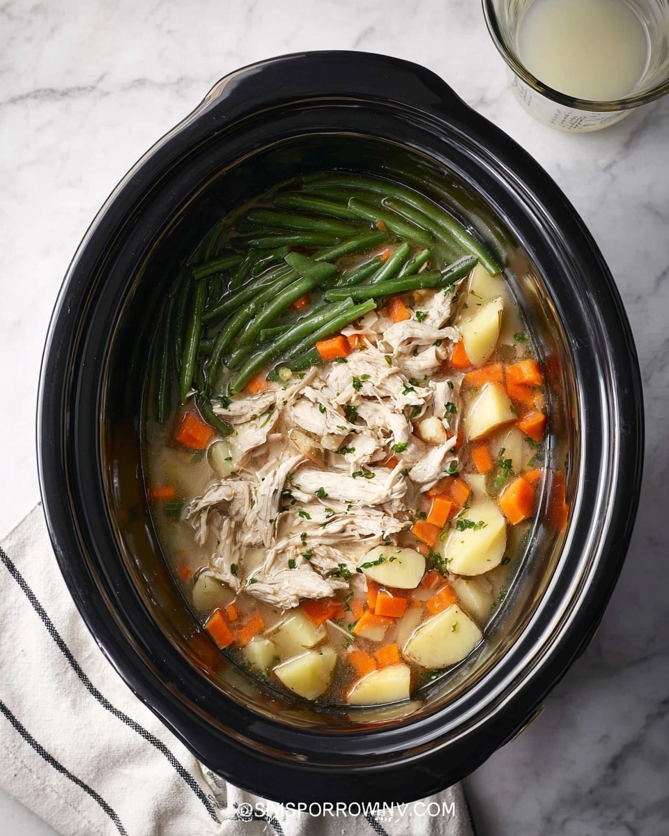 Inside a black slow cooker, there are three visible layers; the bottom layer is a mix of diced, soft orange carrots and light yellow potatoes in a clear broth, the middle layer consists of shredded white cooked chicken, and the top layer has cut green beans scattered over the chicken. The cooker rests on a white marbled surface, with a white towel featuring black stripes placed nearby, and a clear measuring cup filled with a white liquid next to it. photo taken with an iphone --ar 4:5 --v 7