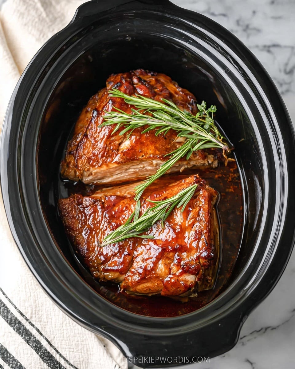 A black slow cooker holds two large pieces of cooked turkey breast with shiny, browned skin. The turkey has a rich, glazed texture with hints of darker caramelized spots. Resting on top of the turkey are two fresh sprigs of green rosemary, adding a bright contrast to the warm brown tones of the meat. The slow cooker is placed on a white marbled surface with a white cloth featuring black stripes visible on the side. photo taken with an iphone --ar 4:5 --v 7