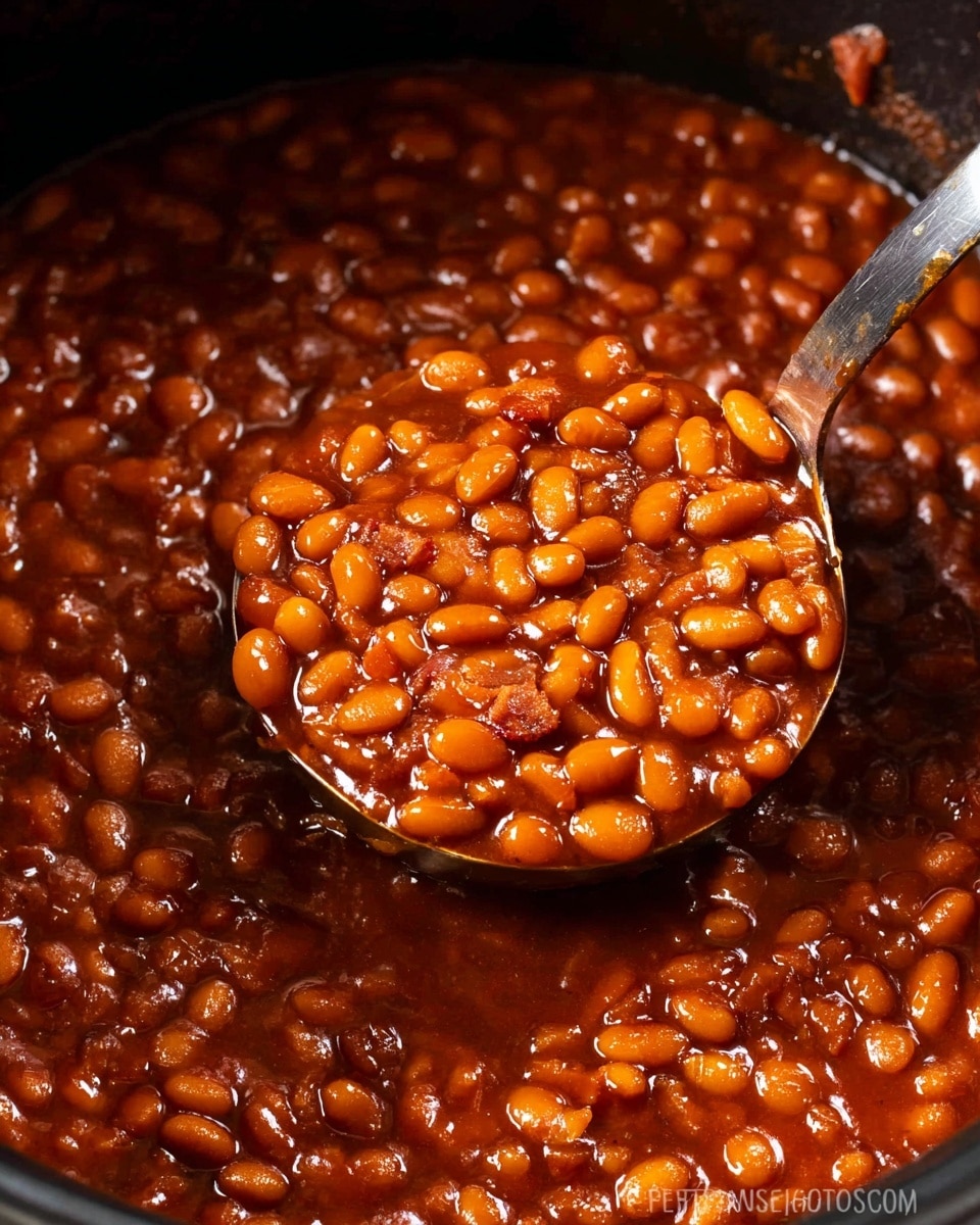 A close-up image shows a single layer of baked beans cooked in a thick, shiny, deep reddish-brown sauce inside a black pot. The beans are small, oval, and light brown, packed closely together, and mixed with tiny pieces of onion and bacon that add texture. A metal ladle scoops up some beans, showing the sauce coating each bean and some beans glistening under the light, giving a wet and rich look. The pot's edge curves around the top part of the image, and the background is softly blurred. The overall feel is warm and hearty, with a glossy and smooth texture. photo taken with an iphone --ar 4:5 --v 7