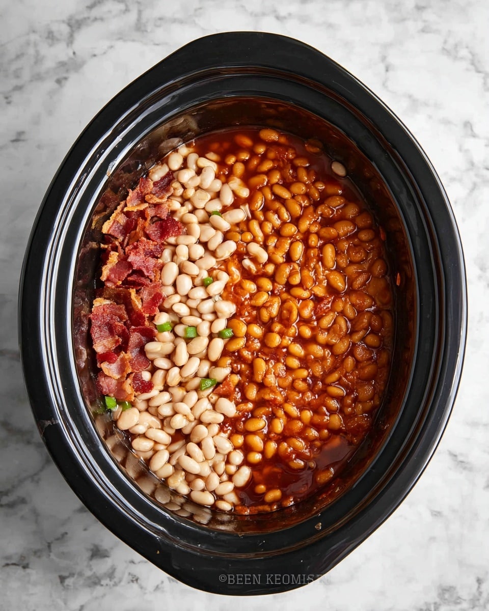 Inside a black slow cooker on a white marbled texture, there are three visible layers: a deep dark brown sauce at the base, topped with two types of beans—orange baked beans covering the right half and lighter white beans clustered in the bottom center—and small pieces of crispy, reddish-brown bacon scattered on the left side and sprinkled over the white beans. A few small green pepper pieces are visible near the top left portion, adding contrast to the warm colors of the dish. The beans look moist and shiny as if cooked in the sauce. Photo taken with an iphone --ar 4:5 --v 7