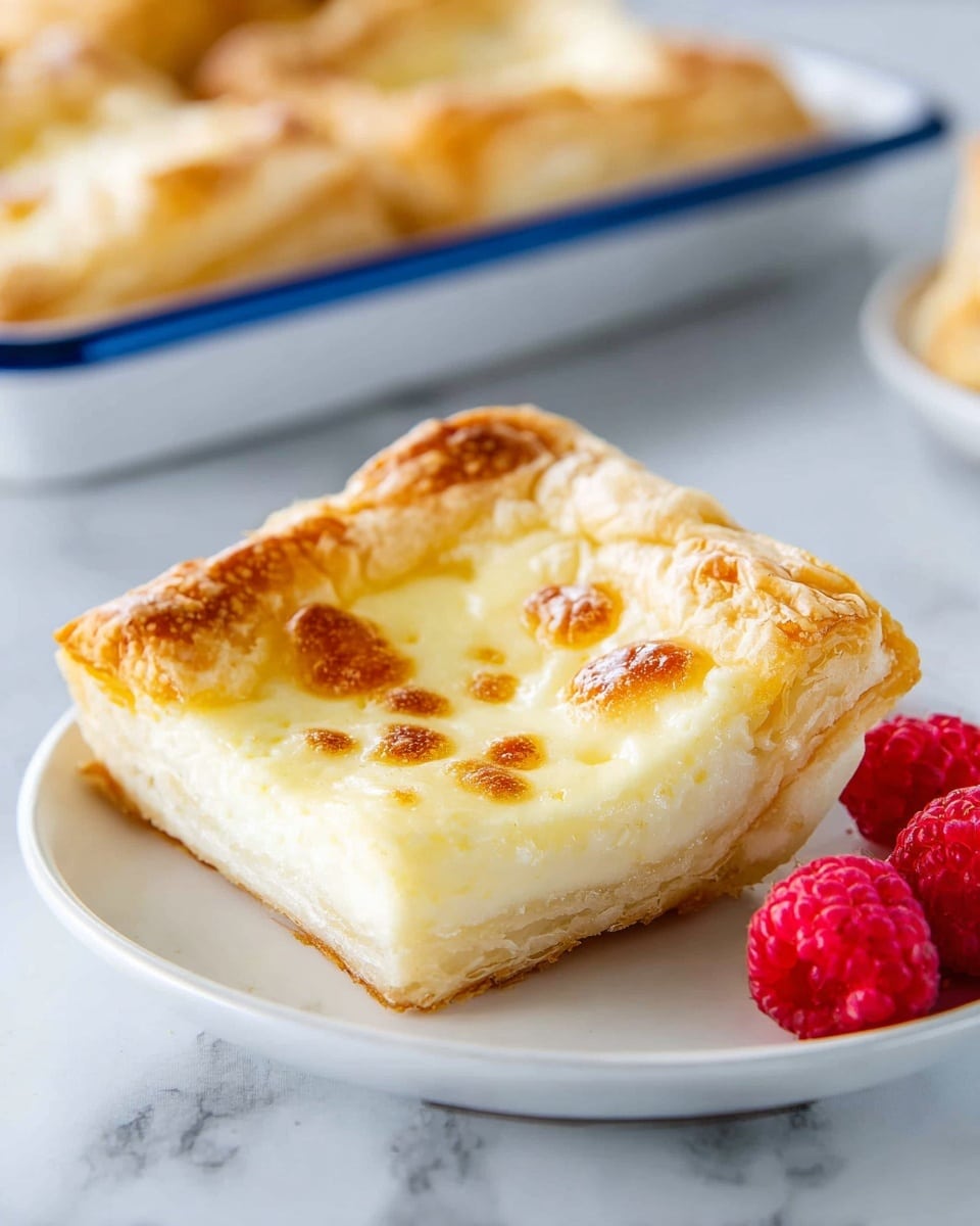 A white plate holds a square pastry with two visible layers: the bottom layer is a golden, flaky crust with a slightly puffed texture, and the top layer is a creamy, pale yellow custard that has light golden brown spots from baking. Beside the pastry are a few bright red raspberries, adding a fresh contrast in color and texture. In the background, there is a white tray with blue edges holding more of the same pastries, all placed on a white marbled surface. Photo taken with an iphone --ar 4:5 --v 7