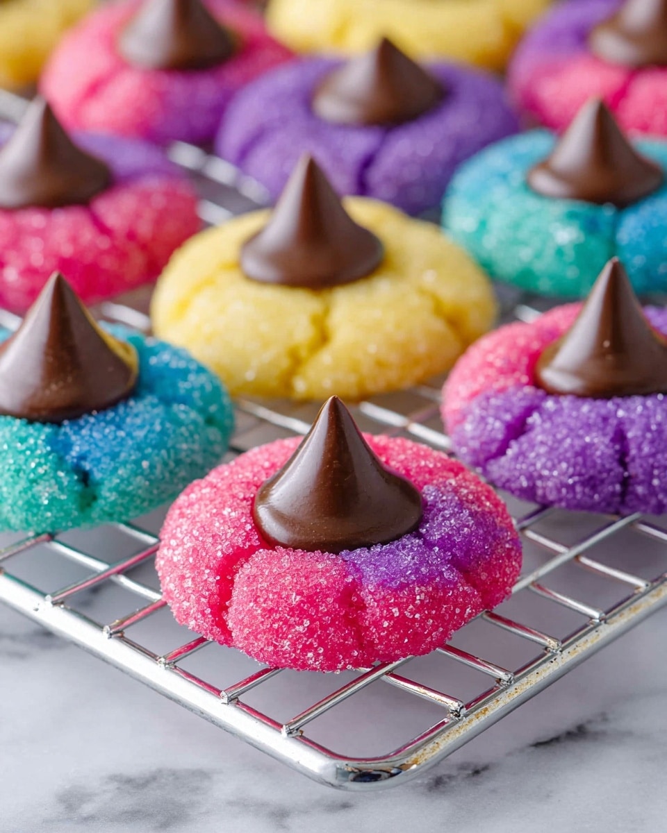 The image shows colorful thumbprint cookies arranged on a silver cooling rack placed on a white marbled surface. Each cookie has two layers: the outer layer is thick and round, covered in sparkling sugar of bright colors like pink, purple, yellow, and blue, giving a rough, sugary texture. The inner layer is a smooth, glossy dark chocolate dollop sitting pointedly in the center of each cookie, creating a striking color contrast with the sugar-coated base. The cookies appear slightly cracked, highlighting their soft texture. Photo taken with an iphone --ar 4:5 --v 7