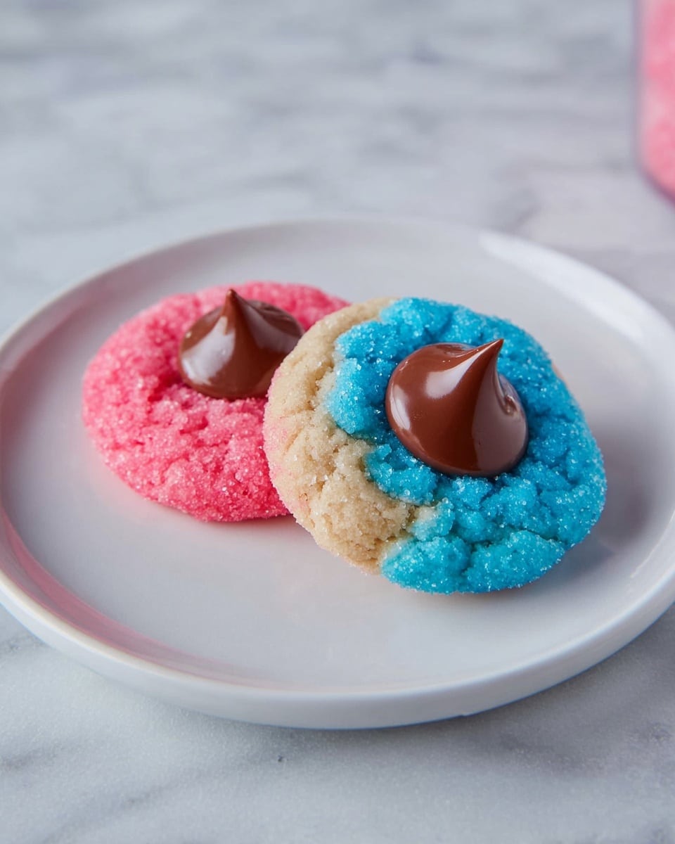 Two small round cookies sit side by side on a white plate placed on a white marbled surface. Each cookie is covered in coarse sugar, one coated in bright pink sugar and the other in bright blue sugar. In the center of each cookie is a smooth, glossy swirl of milk chocolate, forming a peak. The cookies have a slightly rough texture and look soft and crumbly around the edges. The scene is brightly lit, showing the vibrant colors and shiny chocolate clearly. photo taken with an iphone --ar 4:5 --v 7
