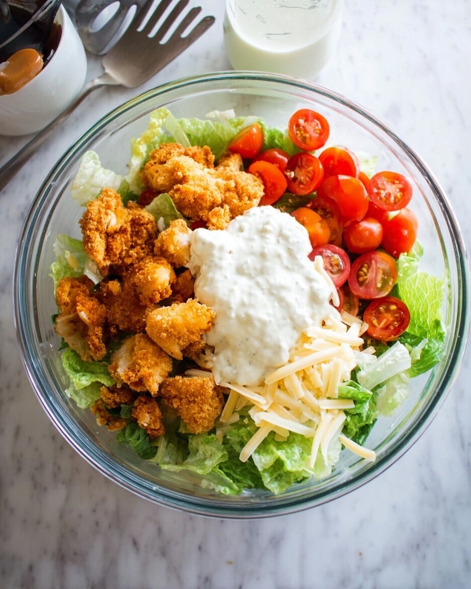 A clear glass bowl contains a fresh salad with a base layer of bright green lettuce leaves. On one side, there are vibrant red cherry tomato halves. Next to the tomatoes is a serving of golden-brown crispy fried chicken pieces with a crunchy texture. On top of the chicken and partially covering the salad is a dollop of creamy white dressing. Scattered over the dressing and chicken are thin, pale yellow shavings of cheese. The bowl is placed on a white marbled surface with some kitchen tools and a small white container visible in the background. Photo taken with an iphone --ar 4:5 --v 7
