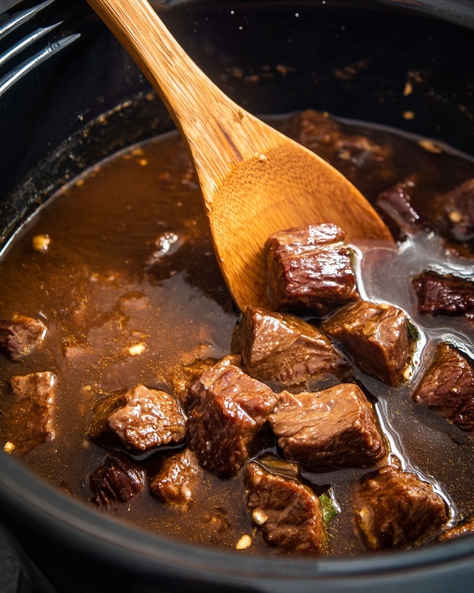 A black pot filled with medium-sized, browned beef cubes simmering in a glossy brown broth, showing a mix of tender cooked meat with a slightly seared texture on top; a bamboo wooden spoon is partially submerged in the broth, lifting some beef pieces near the center left of the pot; the liquid has a smooth surface with small bubbles reflecting light. Photo taken with an iphone --ar 4:5 --v 7