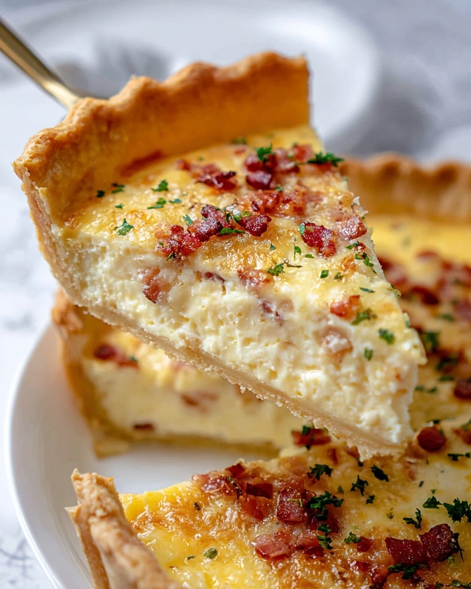 A close-up of a slice of quiche being lifted above a white plate with the rest of the quiche visible below; the quiche has three main layers starting from the bottom with a light golden-brown crust that is firm and crumbly, followed by a thick creamy pale yellow filling mixed with small bits of bacon, and topped with a slightly browned layer of melted cheese scattered with small reddish bacon pieces and green herb flakes; the quiche edge is crimped with a darker golden color, and the whole scene is set against a white marbled texture surface. photo taken with an iphone --ar 4:5 --v 7