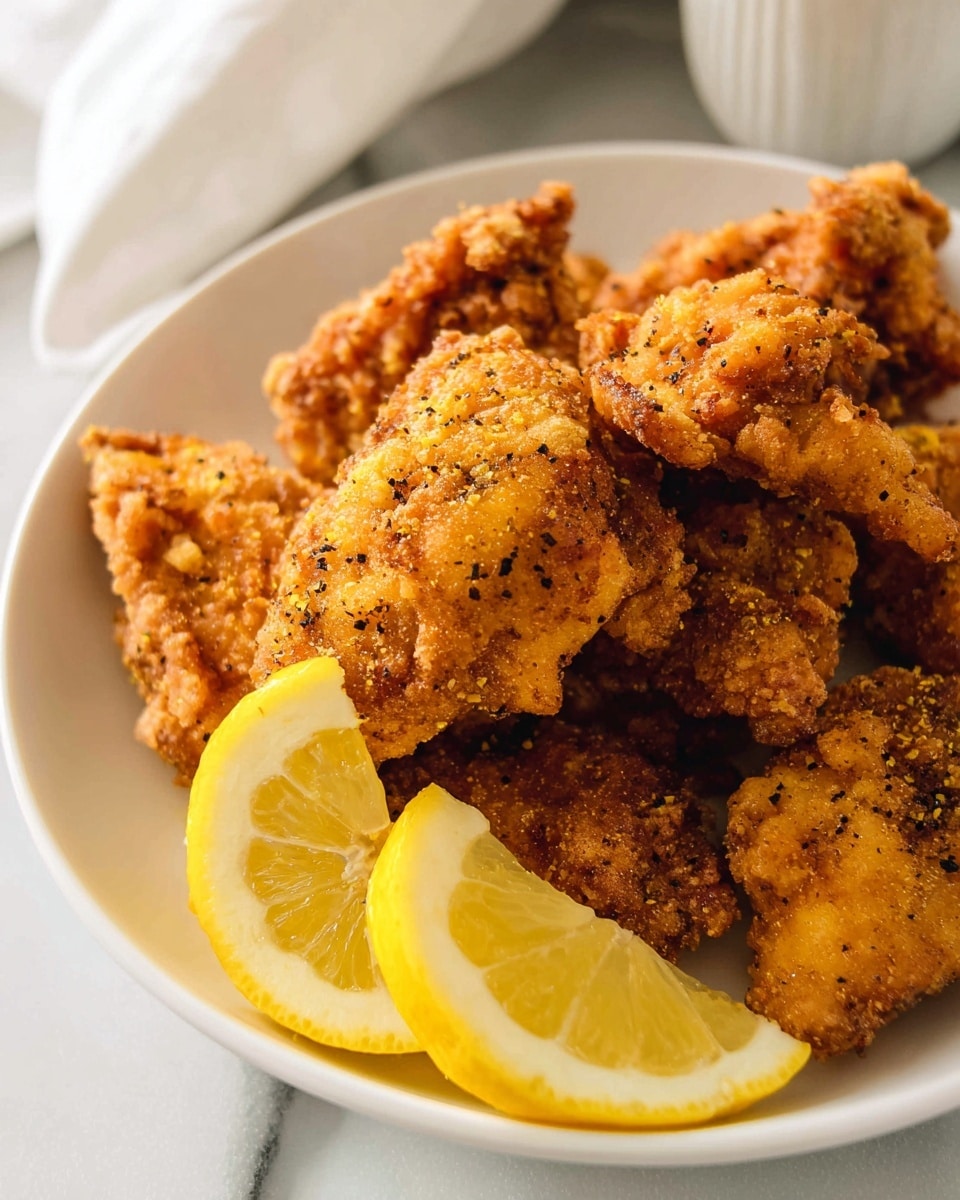 A white plate is piled with several pieces of golden-brown fried chicken with a crispy texture, showing small black and yellow seasoning specks on the surface. Two bright yellow lemon slices with visible segments rest on the edge of the plate, adding contrast. The background shows a soft white object and a white marbled surface under the plate. photo taken with an iphone --ar 4:5 --v 7