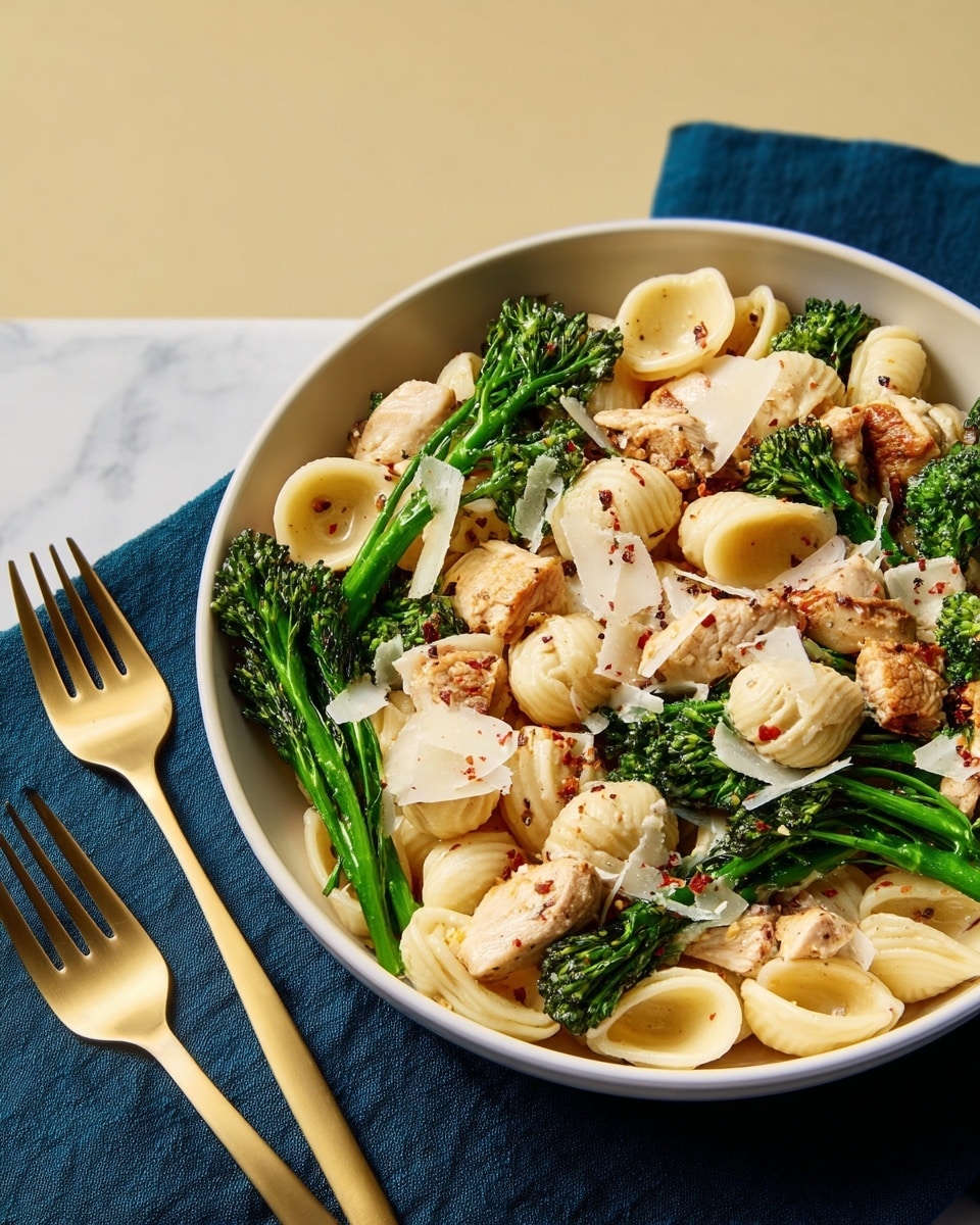 A close-up view of a deep white bowl filled with three layers of food: the bottom layer is light cream-colored pasta shells with soft, grooved texture; the middle layer has bright green broccolini pieces with leafy stems; the top layer contains golden-browned chunks of chicken, scattered thin white cheese shavings, and crushed red pepper flakes sprinkled over. The bowl sits on a dark blue cloth on a white marbled surface, with three gold forks to the left side. Photo taken with an iphone --ar 4:5 --v 7