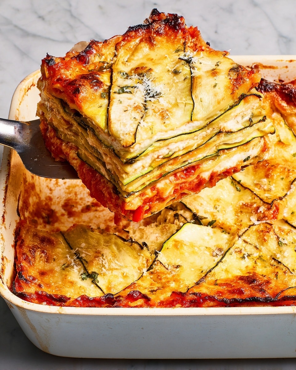 The image shows a square slice of baked vegetable lasagna lifted with a metal spatula from a white baking dish. The lasagna has six visible layers, alternating between creamy ricotta cheese which looks white and soft, bright red tomato sauce with some herbs, and thin, slightly browned zucchini slices arranged in a crisscross pattern on top and between layers. The top layer is melted golden cheese with some browned spots and a few scattered strands of grated cheese. The edges of the lasagna appear slightly crisp and caramelized. The dish rests on a white marbled surface. photo taken with an iphone --ar 4:5 --v 7