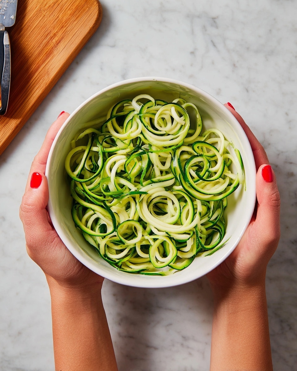 A white bowl held by two woman's hands with red nail polish, filled with about three layers of green zucchini spiral noodles. The noodles have a mix of light green and darker green skin strips with a smooth texture. The background is a white marbled texture. photo taken with an iphone --ar 4:5 --v 7