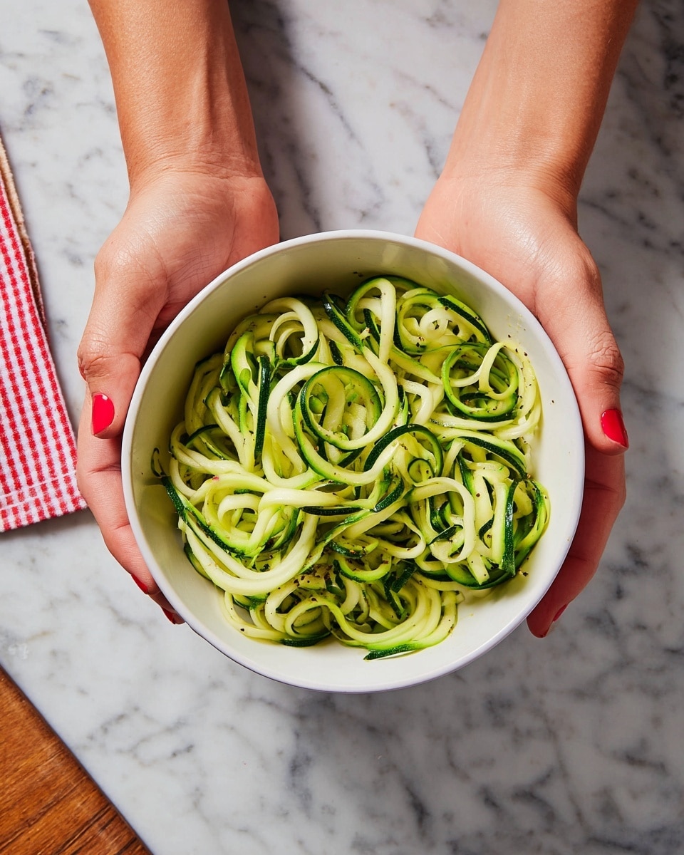 A white bowl filled with light green and dark green spiral-shaped zucchini noodles, showing a mix of smooth and textured lines with some pieces curling above others, held by two woman's hands with red nail polish, all set on a white marbled textured surface. photo taken with an iphone --ar 4:5 --v 7