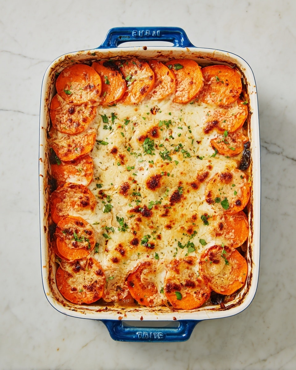 A baked casserole in a white rectangular dish with blue handles is shown from above. The dish has multiple layers starting with a bottom layer of dark vegetables or sauce, topped with an even layer of bright orange sweet potato slices arranged to cover the whole surface. Above the sweet potatoes is a thick, creamy, and slightly browned melted cheese layer, spotted with golden brown bubbles and some dark browning, giving a textured look. Small green herb pieces are sprinkled evenly across the top, adding a fresh contrast to the warm tones below. The dish sits on a white marbled surface. photo taken with an iphone --ar 4:5 --v 7