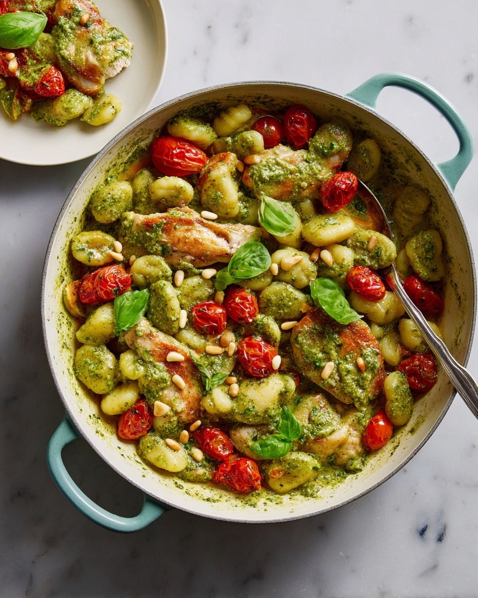 A deep white pan filled with a colorful dish showing different layers: tender, golden-brown chicken slices sit beneath soft, plump gnocchi coated in a vibrant green pesto sauce that covers almost everything. Bright red, halved cherry tomatoes are scattered throughout, adding pops of color, while fresh green basil leaves are placed on top for garnish. Small, light brown pine nuts are sprinkled over the dish, adding texture. A shiny silver spoon rests inside the pan ready for serving. In the corner, a white plate holds a small portion of the same dish, all placed on a clean white marbled surface. Photo taken with an iphone --ar 4:5 --v 7