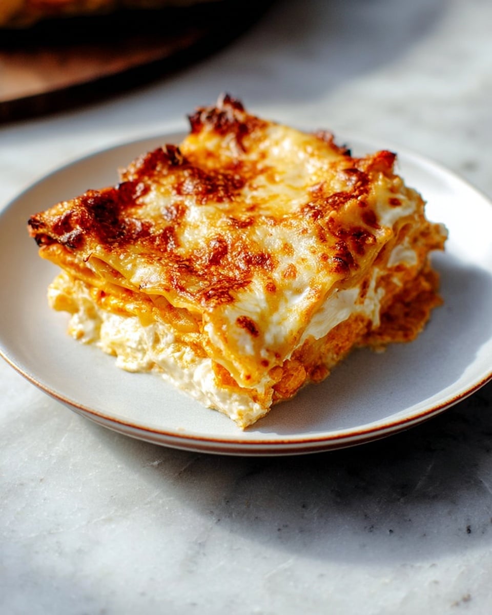 A single piece of lasagna sits centered on a white plate with a slightly raised edge, showing about three layers: the bottom layer has a hint of browned crispy edges, the middle layer is bright orange melted cheese mixed with a soft, creamy white layer above it, and the top layer is golden brown melted cheese with a bubbly texture and some slightly browned spots. The plate rests on a white marbled texture surface with a soft natural light shining on the dish, highlighting the creamy and melted cheese details. photo taken with an iphone --ar 4:5 --v 7