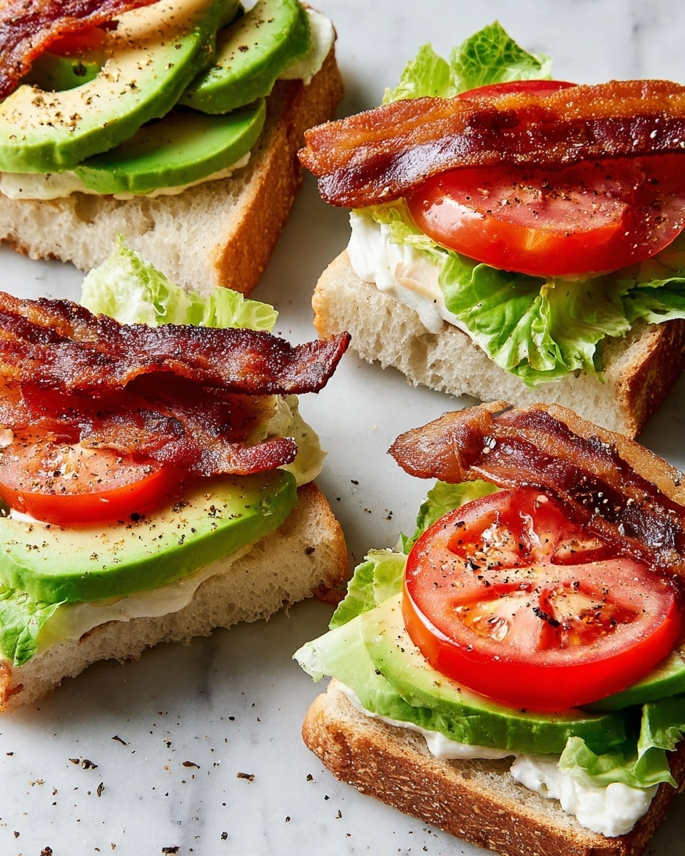 The image shows four pieces of open-faced sandwiches on a white marbled surface. Each sandwich has a thick, soft, light brown bread base with a fluffy texture. On top of the bread is a layer of white mayonnaise, followed by a green lettuce leaf. Next, there are slices of bright green avocado resting on the lettuce. On top of the avocado, there is a slice of crispy, dark brown bacon and a bright red tomato slice with visible seeds. The sandwiches are sprinkled with coarse black pepper, adding texture and contrast. Photo taken with an iphone --ar 4:5 --v 7