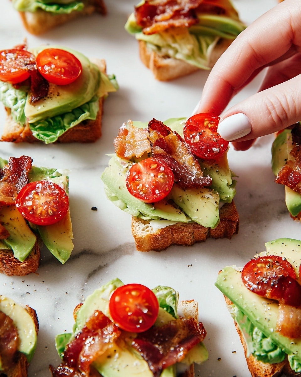Several small triangle-shaped snacks sit on a white marbled surface, each with three main layers. The bottom layer is a toasted bread piece with a golden-brown color and crispy texture. On top of the bread is a fresh green lettuce leaf, slightly crinkled. The next layer is smooth, sliced avocado in a light green shade, laid neatly on the lettuce. Crispy, cooked bacon pieces with dark reddish-brown and golden patches are placed over the avocado. Each snack is topped with a halved cherry tomato, bright red with visible seeds inside. Coarse salt and crushed black pepper are sprinkled lightly over everything. A woman's hand with pale skin and shiny nails is gently picking up one of the snacks. photo taken with an iphone --ar 4:5 --v 7