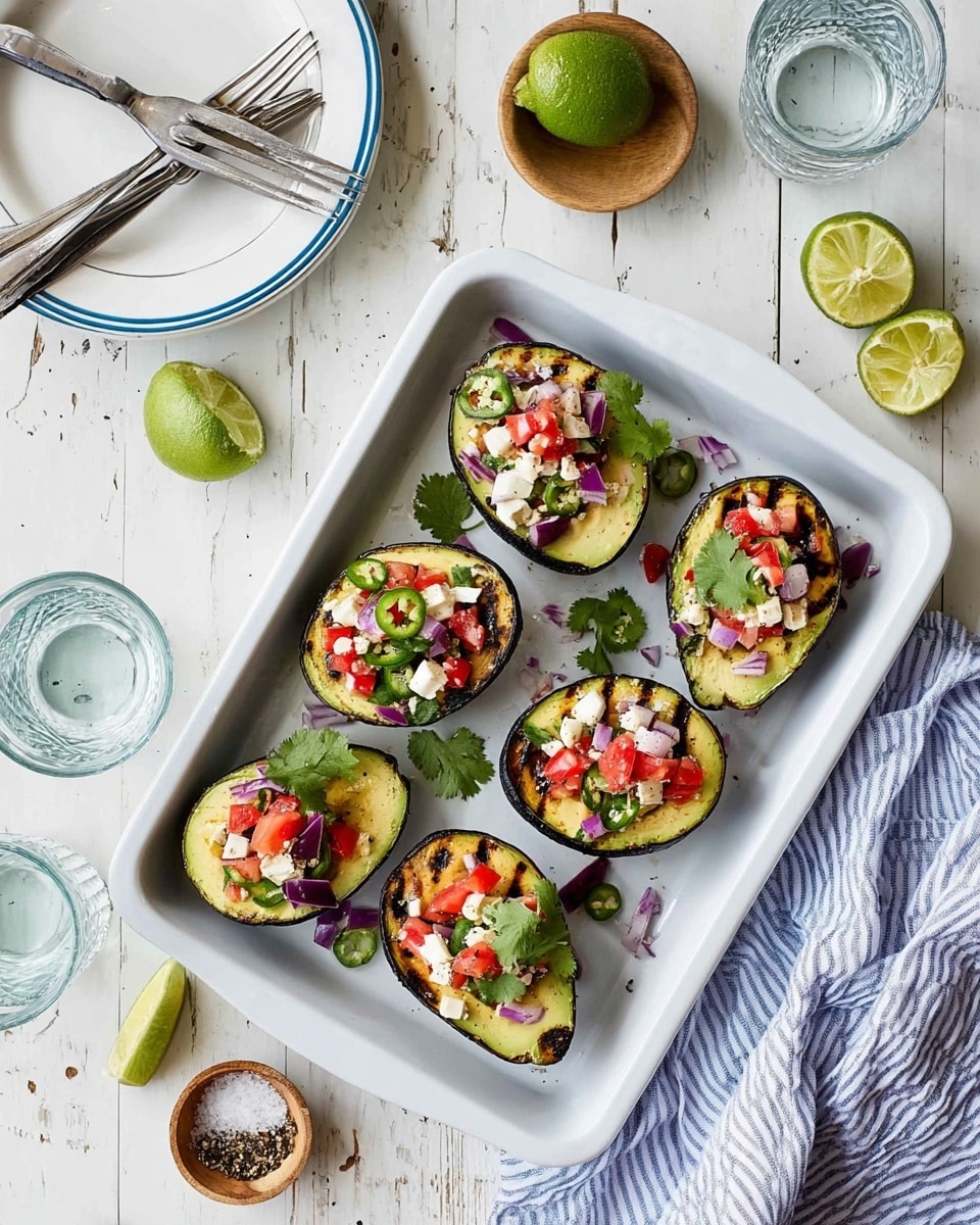 A white tray holds seven halves of grilled avocados, each with dark grill marks across their green flesh. On top of each avocado half, there is a mix of small red tomato pieces, white cubed cheese, chopped red onions, green slices of jalapeño, and fresh cilantro leaves. Around the tray, two lime halves, two whole limes, a small wooden bowl of black pepper, a small white bowl filled with salt, two clear glasses of water, and silver tongs rest on a white marbled textured surface. To the left, a white plate with a blue rim holds two forks and a knife on a folded white cloth napkin, with a blue and white striped cloth nearby. photo taken with an iphone --ar 4:5 --v 7