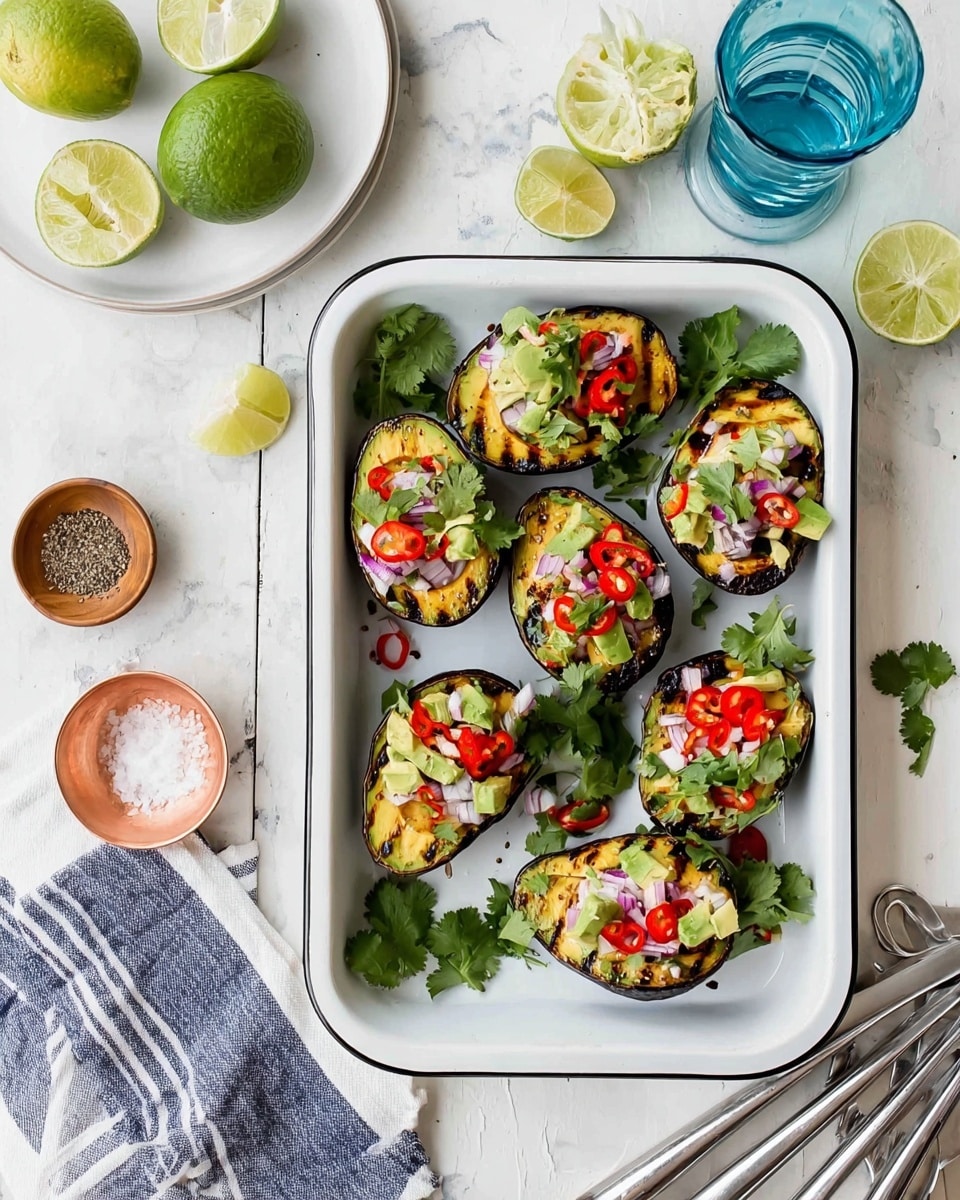 Seven halves of grilled avocados with charred dark lines sit on a white enamel tray with a thin black rim, each avocado half filled with a colorful mix of chopped white onion, red cherry tomato pieces, sliced green chili, and sprigs of bright green cilantro. The tray also holds a few loose cilantro leaves on the sides. Around the tray on a white marbled surface are two halved limes, a small wooden bowl with ground black pepper, a small rose gold bowl with coarse white salt, a white enamel plate with a gray striped napkin and silver forks, a blue striped cloth, metal tongs, two whole limes, and clear drinking glasses. photo taken with an iphone --ar 4:5 --v 7