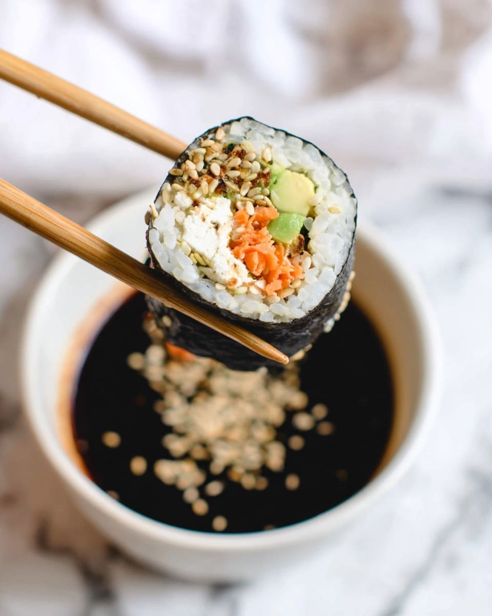 A close-up of a sushi roll held by chopsticks above a white bowl filled with dark soy sauce topped with sesame seeds. The sushi roll has four visible layers: an outer black seaweed layer, a layer of sticky white rice inside, followed by an inner mix of pale orange shredded carrot, creamy white soft cheese or mayo, and bright green avocado pieces. The background shows a soft white marbled texture. Photo taken with an iphone --ar 4:5 --v 7