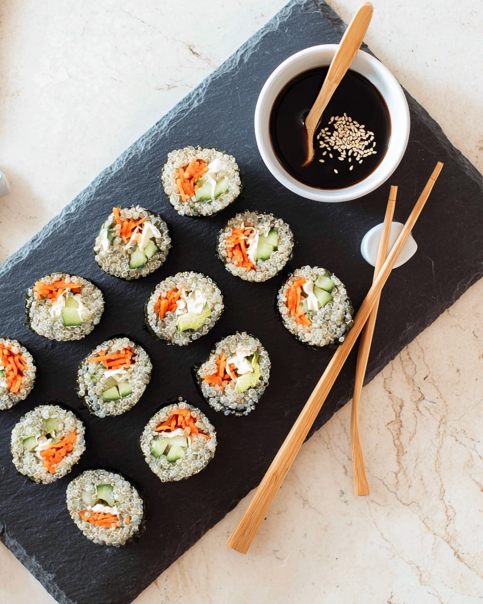 The image shows a black slate tray with eleven sushi rolls neatly placed in three rows, each roll wrapped in dark seaweed with a layer of light quinoa forming the outer shell. Inside the roll, there are three main layers: bright orange shredded carrots, light green cucumber pieces, and a creamy white filling, all arranged evenly. To the top of the tray, there is a white bowl filled with dark soy sauce topped with light brown sesame seeds and two light brown wooden spoons resting inside. A pair of light brown wooden chopsticks lie diagonally across the sushi tray. The setting is on a white marbled textured surface. Photo taken with an iphone --ar 4:5 --v 7