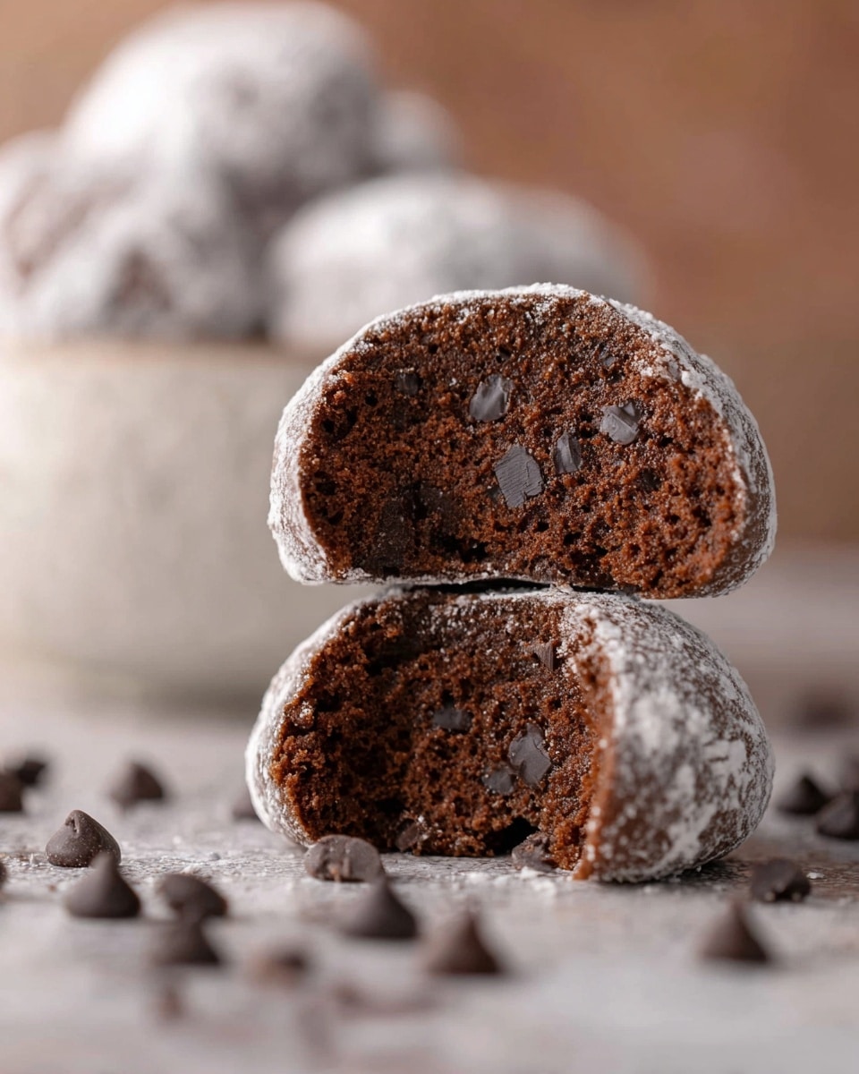 The image shows a close-up of a chocolate cookie cut in half, revealing a dense, dark brown inside with small chunks of chocolate. The cookie is coated with a thin, light dusting of powdered sugar on the outside. The two halves rest on a smooth surface with scattered small chocolate chips around them. In the blurred background, a white bowl filled with more powdered sugar-covered cookies sits on a white marbled texture. The photo has soft lighting that highlights the rich, moist texture of the cookie. Photo taken with an iphone --ar 4:5 --v 7