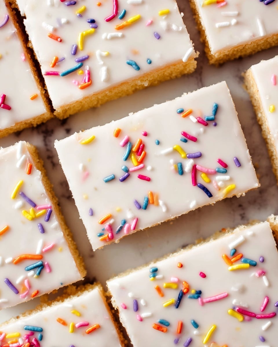 The image shows a close-up of several rectangular pieces of a flat dessert, each piece having two visible layers. The bottom layer is a light golden-brown cake with a soft texture, while the top layer is a smooth, thick white glaze evenly spread over the cake. Colorful small sprinkles in bright shades of red, yellow, blue, orange, purple, and white are scattered randomly on the white glaze, adding spots of vibrant color. The dessert pieces are closely arranged to fill the frame, with clear straight-cut edges, all set on a white marbled surface. photo taken with an iphone --ar 4:5 --v 7