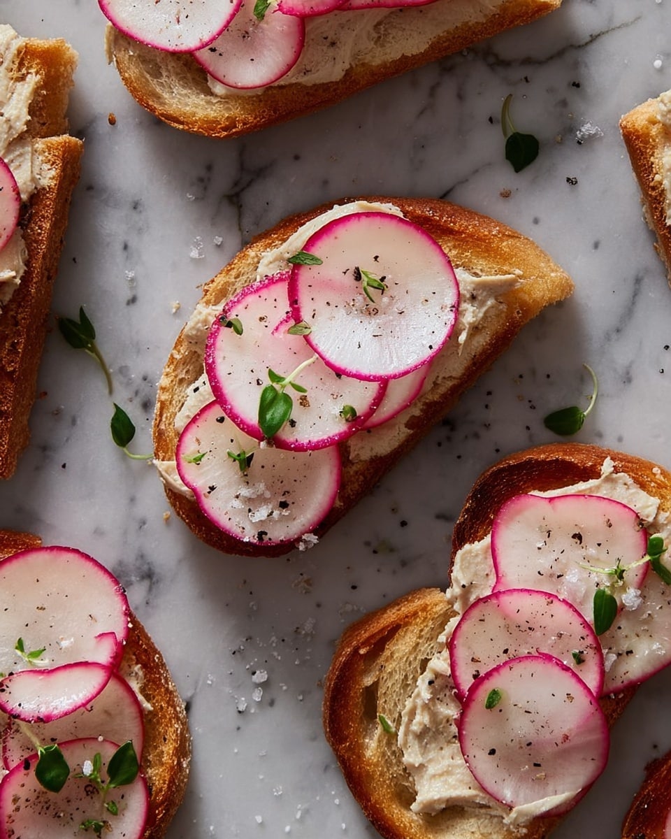 Several toasted bread slices are arranged on a surface with a white marbled texture. Each slice is topped with a creamy, light beige spread as the first layer. On top of the spread, there are thin, translucent slices of radish with a pink edge. Small green herb leaves are scattered on the radish slices, adding a touch of color. Coarse salt and black pepper flakes are sprinkled over the top. The bread looks crunchy with a golden crust, and the layering gives a fresh and simple look. photo taken with an iphone --ar 4:5 --v 7