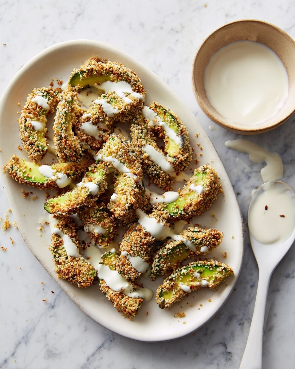 A white oval plate holds about sixteen crispy avocado slices coated in a coarse, golden breadcrumb and seed mix, showing bright green flesh inside a few edges. The slices are arranged loosely and drizzled with a white creamy sauce. Next to the plate is a white bowl partly filled with more sauce, with some sauce spilled on the white marbled surface around it, and a white spoon resting nearby. The textures contrast between crunchy coatings and smooth sauce, set against the white marbled background for a clean look. Photo taken with an iphone --ar 4:5 --v 7