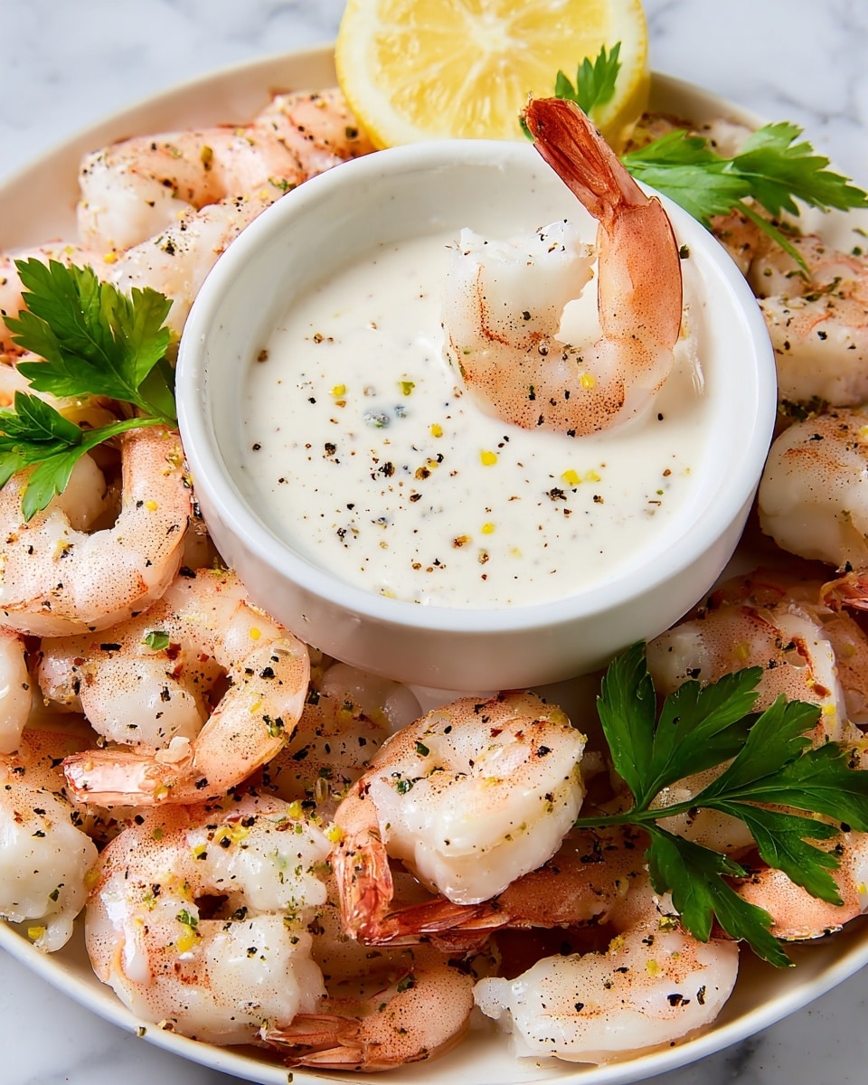 A white plate with a pile of cooked shrimp around a small white bowl filled with creamy white dipping sauce, sprinkled with pepper and bits of yellow zest. One shrimp is hooked on the edge of the bowl, dipped partly into the sauce. The shrimp are pink with black pepper specks and have a slightly shiny texture. Green parsley leaves and a lemon wedge add color around the shrimp. The background is a white marbled texture. photo taken with an iphone --ar 4:5 --v 7