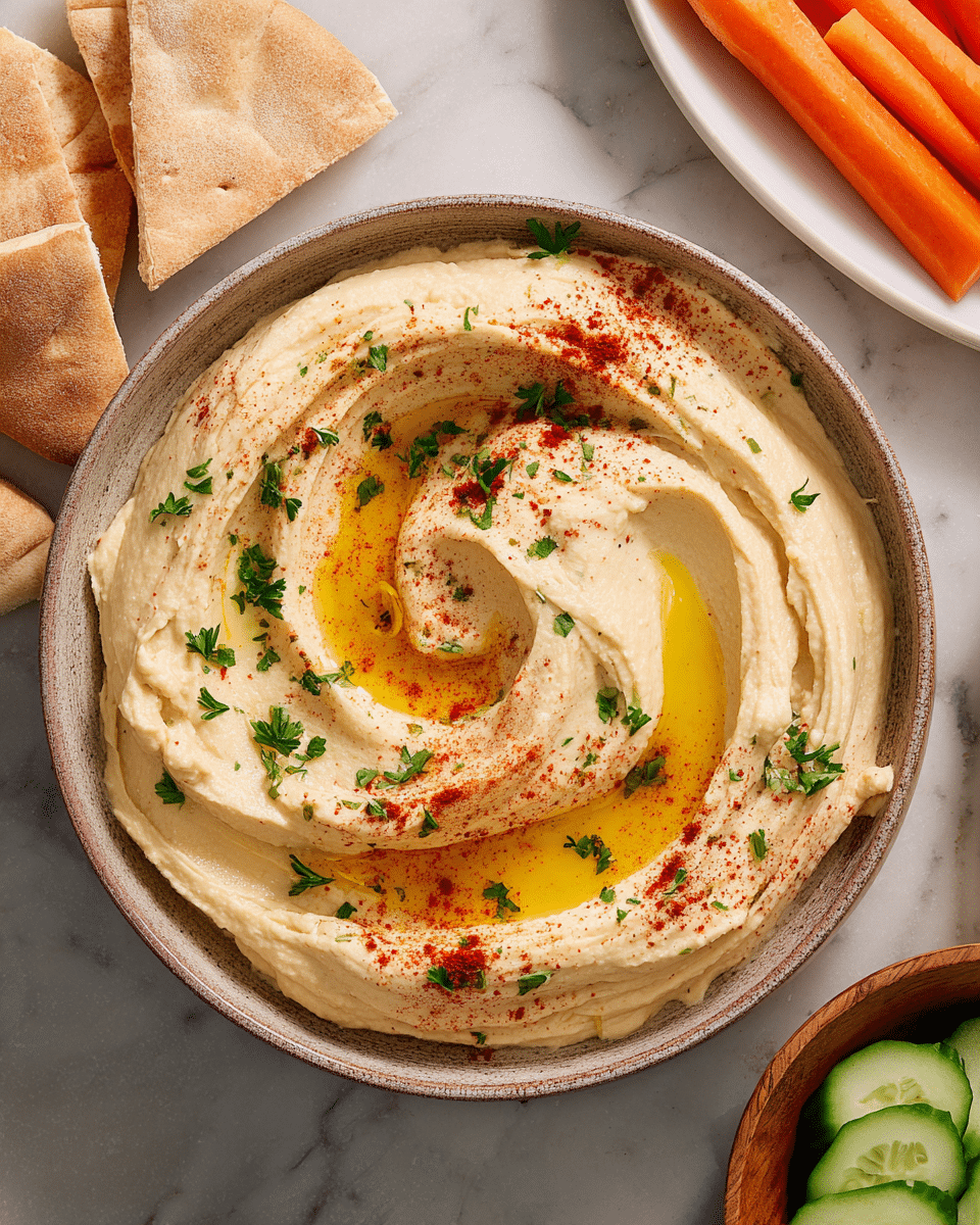 A shallow, round bowl filled with creamy hummus swirled smoothly on top to form soft waves with three pools of golden olive oil nestled in the swirls. The hummus is light beige with sprinkled bright red paprika and fresh chopped green parsley scattered on top. The bowl is set on a white marbled surface, with triangular pita bread pieces leaning on the left side. On the right side, a white plate holds carrot and celery sticks, and a small wooden bowl of cucumber slices is partially visible. photo taken with an iphone --ar 4:5 --v 7