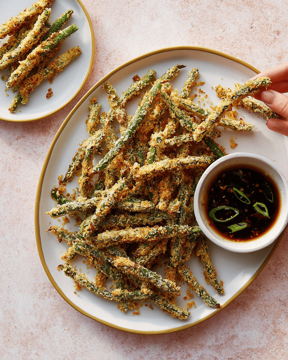 The image shows a large white plate with a golden edge filled with a single layer of long, thin green beans coated in a crispy, golden-brown breading. The beans are arranged loosely and look crunchy, with some bread crumbs scattered around them. On the top right edge of the plate sits a small white bowl filled with a dark dipping sauce that has thin round slices of green onion floating inside. In the top left corner, a smaller white plate holds a few more breaded green bean sticks, one of which a woman's hand is picking up. The background is a soft light pink textured surface, now visually replaced with a white marbled texture. photo taken with an iphone --ar 4:5 --v 7