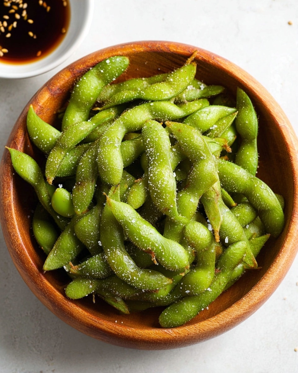 A round wooden bowl filled with bright green edamame pods, each pod lightly sprinkled with coarse salt and seasoning, showing a slightly fuzzy texture on the pods. The edamame are piled high, filling the bowl to the edges with some pods leaning over the rim. In the top left corner, there is a partial view of a white bowl with dark soy sauce and sesame seeds floating on top. The setting has a white marbled surface that gives a clean, bright background to the dish. photo taken with an iphone --ar 4:5 --v 7