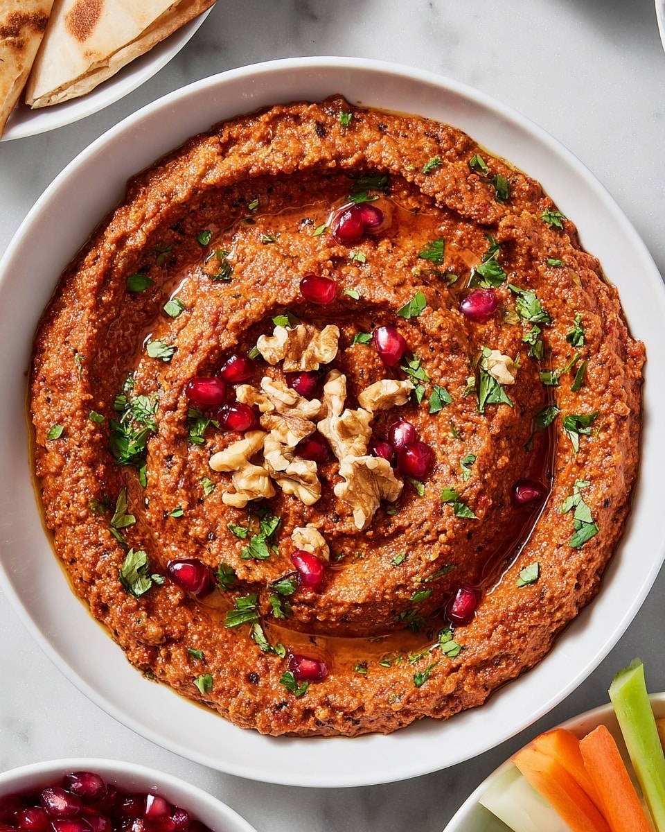 A white bowl filled with one layer of reddish-brown dip that has a slightly rough texture. The surface of the dip is swirled with a shallow spiral pattern and topped with scattered green parsley leaves, small chopped walnut pieces, and a few glossy, deep red pomegranate seeds. There are also droplets of oil pooling in the crevices of the swirl, adding a shiny contrast. The bowl is placed on a white marbled surface, with partial views of another white plate holding pita wedges and a white bowl with fresh vegetable sticks in the background. Photo taken with an iphone --ar 4:5 --v 7