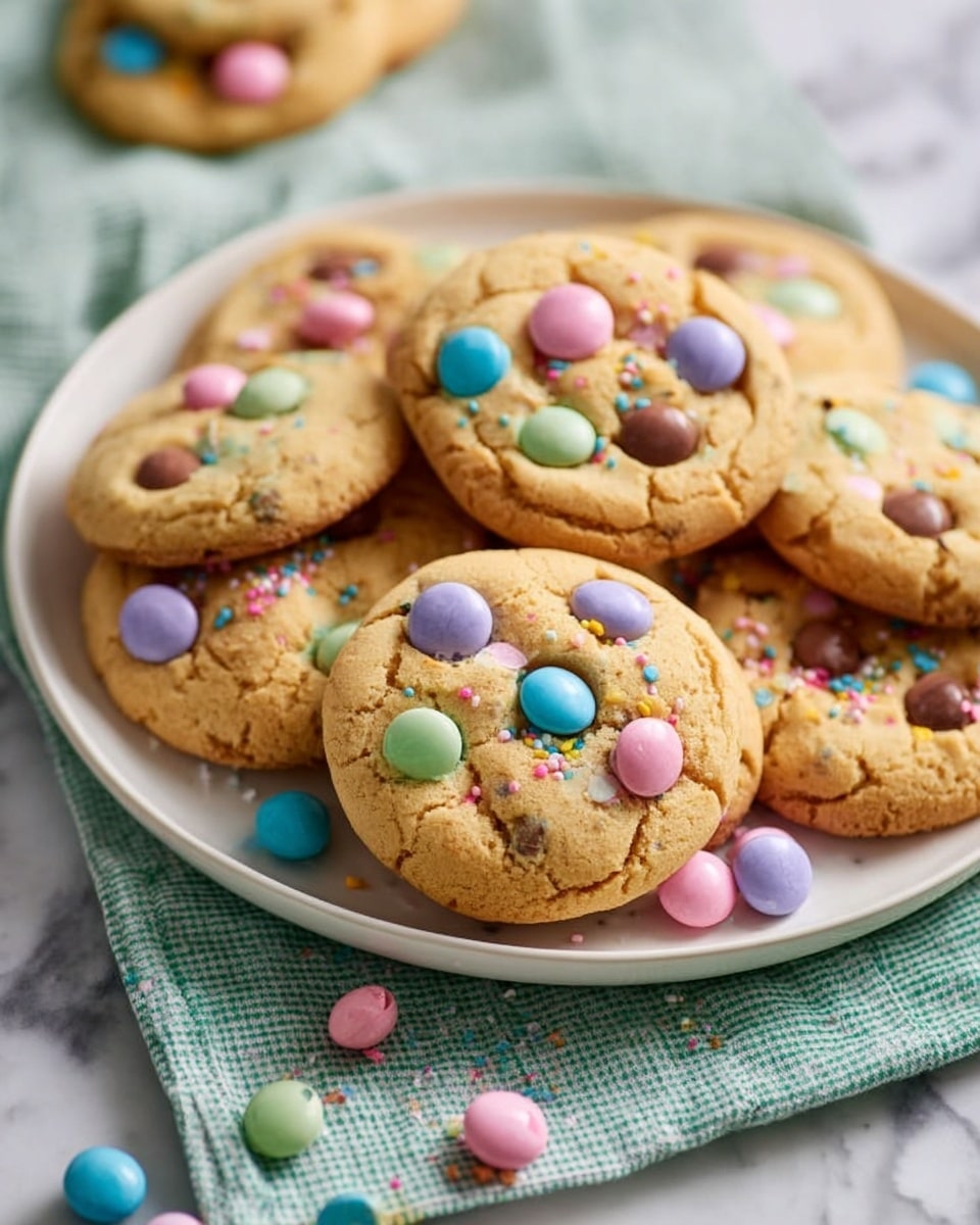 A white plate holds several round cookies with a light golden brown color and cracked tops, each cookie decorated with colorful candy-coated chocolate pieces in pastel shades of pink, blue, purple, green, and brown mixed with small sprinkles. The cookies are piled up, some overlapping, with more colorful candy pieces scattered on the plate around them. The plate sits on a soft green and white checked cloth, all placed on a white marbled surface in soft natural light. photo taken with an iphone --ar 4:5 --v 7