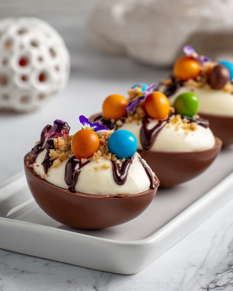 Three chocolate half eggs sit side by side on a white rectangular plate, placed on a white marbled surface. Each egg shell is filled with a smooth, white cream layer topped with small crumbled pieces and brightly colored small round candies in blue, orange, green, and brown. The candies are drizzled with dark chocolate, adding a glossy, rich texture, and there are tiny purple flower petals delicately placed on the cream. The background is soft and blurred with a white decorative object in the distance. Photo taken with an iphone --ar 4:5 --v 7