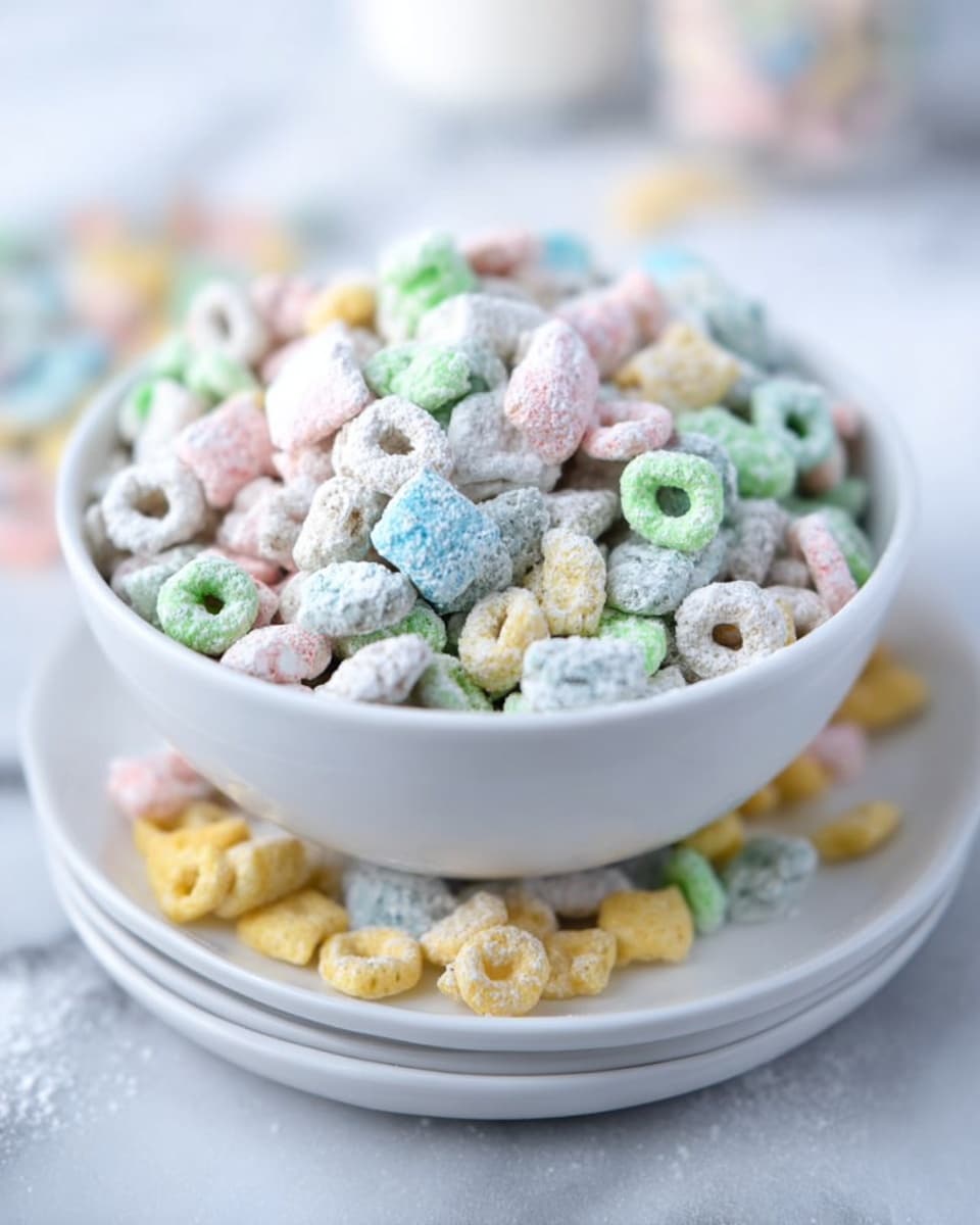 A close-up of a white bowl filled with a colorful mix of cereal pieces coated in a white powder. The cereal includes pastel colors like green, blue, pink, and yellow in small cylindrical and ring shapes, with puffed yellow pieces scattered at the base of the bowl. The bowl sits on a slightly larger white plate, placed on a surface with a white marbled texture. The image is bright and soft-focused in the background, emphasizing the texture and colors of the cereal mix. photo taken with an iphone --ar 4:5 --v 7