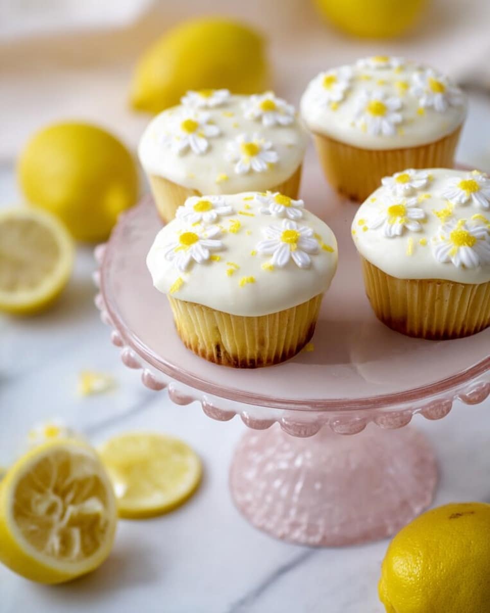The image shows yellow cupcakes on a light pink glass cake stand with scalloped edges, placed on a white marbled surface. Each cupcake has one smooth white frosted layer on top, sprinkled with small yellow bits. The frosting is decorated with small white daisy-shaped edible flowers with yellow centers, arranged evenly across the surface. Around the cake stand, there are bright yellow lemons, both whole and cut into wedges, blurred softly in the background. The overall look is fresh and bright with soft natural light. photo taken with an iphone --ar 4:5 --v 7