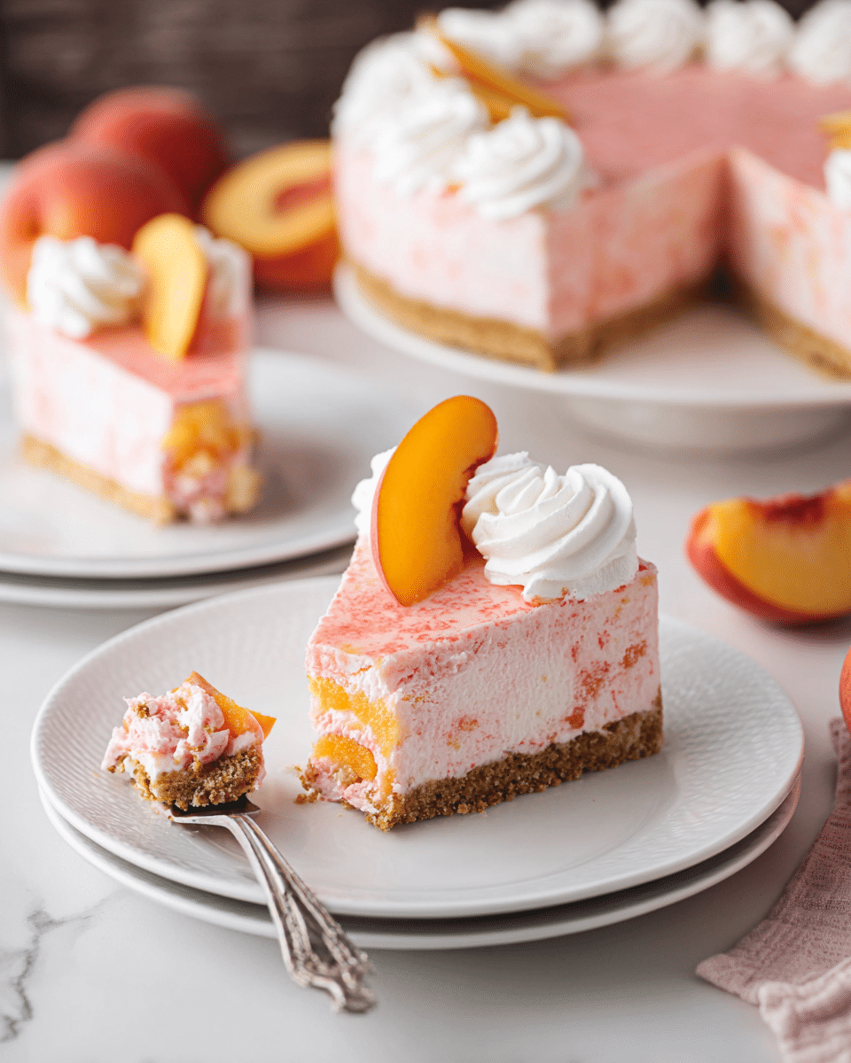 The image shows a slice of peach mousse cake on a white plate with a crumbly brown crust at the bottom as the first layer, followed by a thick, light pink mousse layer with visible small peach pieces, topped with a swirl of white whipped cream and a peach slice placed on top. A fork on the plate holds a bite-sized piece of the cake showing the mousse and crust layers. In the background, there is another slice of the same cake on a white plate and a larger round dish of peach mousse cake decorated with multiple dollops of whipped cream. Whole peaches and peach slices are also placed around, all set on a white marbled surface. photo taken with an iphone --ar 4:5 --v 7